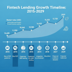 [INFOGRAPHIC: A timeline showing the key milestones in the growth of fintech lending from 2015 to a projected 2029, highlighting the market value growth from sources like Fortune Business Insights.]