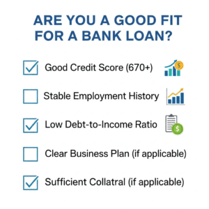 A checklist graphic titled "Are You a Good Fit for a Bank Loan?" with the five points above listed clearly.