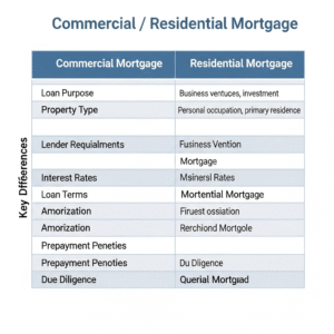 A side-by-side comparison table highlighting the key differences between commercial and residential mortgages.